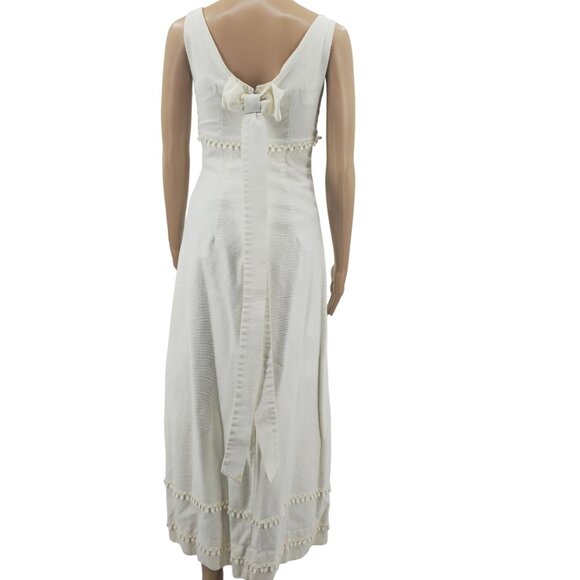 Vintage Ivory Dress With Pom Pom Trim & Bow Detail Sleeveless Empire Waist Squar - Picture 3 of 7